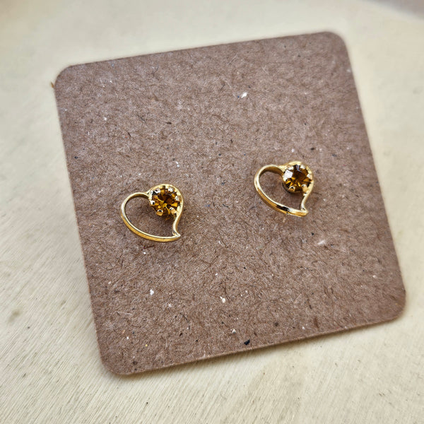 Vintage Amber Colored Gem + Gold Heart Stud Earrings