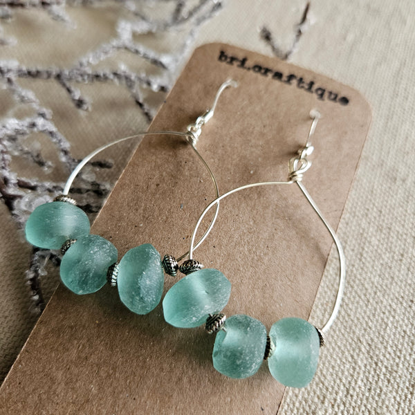 Icy Blue Recycled Glass Hoop Earrings