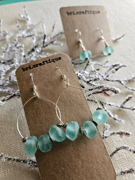 Icy Blue Recycled Glass Hoop Earrings