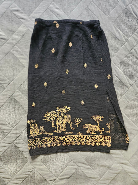 Women's - Vintage African Safari Black Midi Skirt w/ Slit (M)