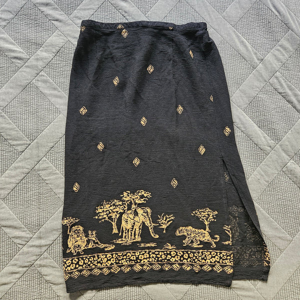 Women's - Vintage African Safari Black Midi Skirt w/ Slit (M)