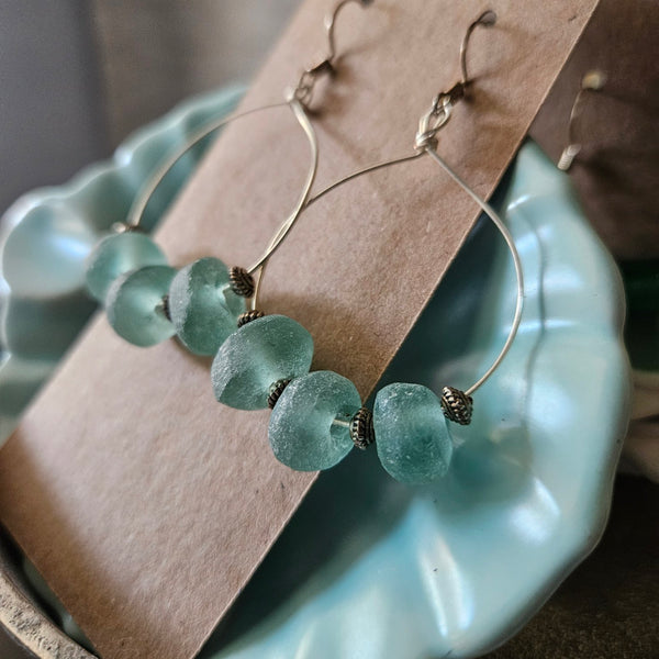 Icy Blue Recycled Glass Hoop Earrings