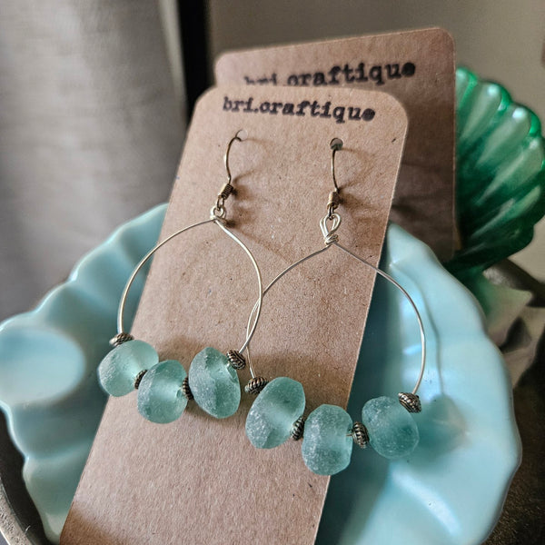 Icy Blue Recycled Glass Hoop Earrings