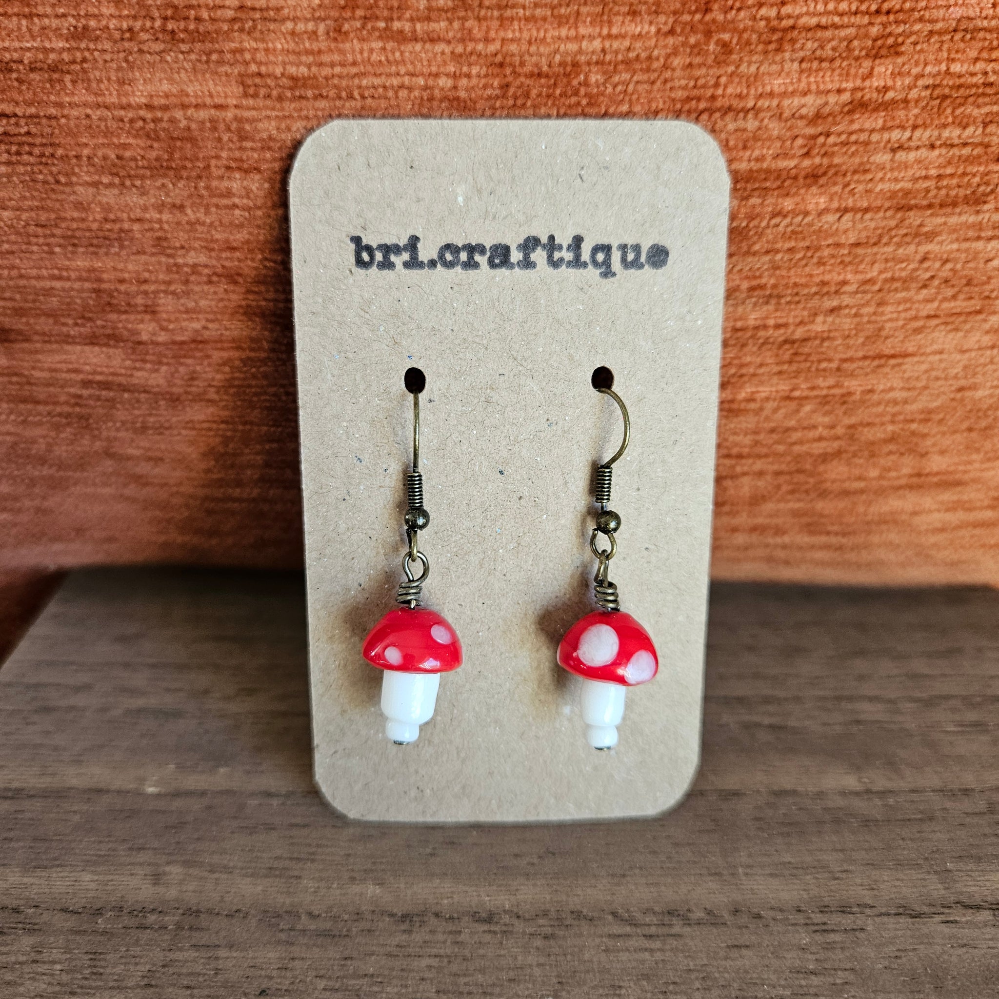 Mini Red Glass Mushroom Drop Earrings