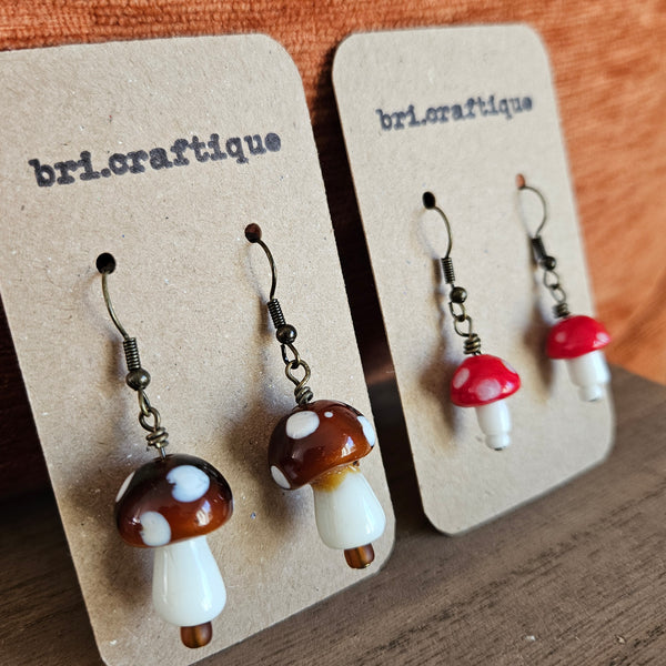 Mini Red Glass Mushroom Drop Earrings