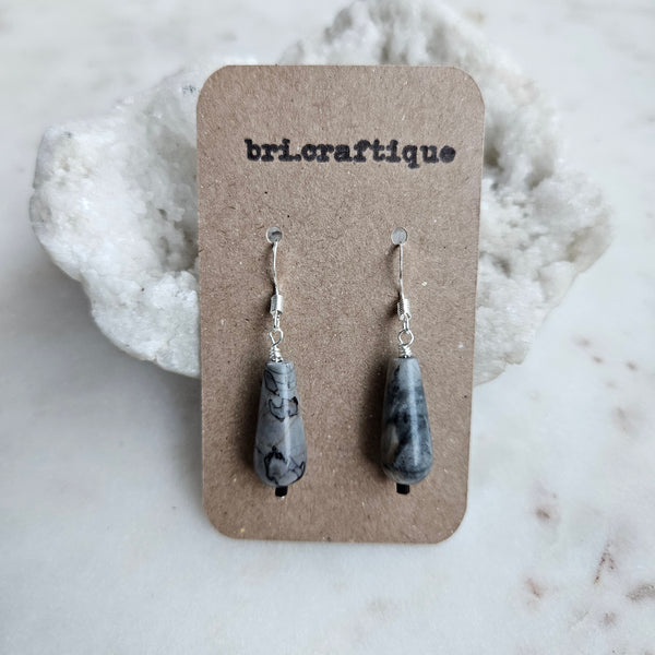 Marbled Gray Jasper Teardrop Earrings