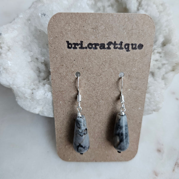 Marbled Gray Jasper Teardrop Earrings