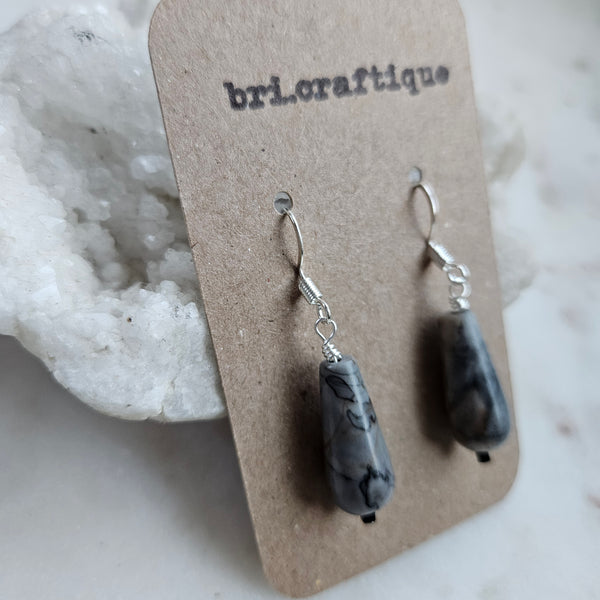 Marbled Gray Jasper Teardrop Earrings