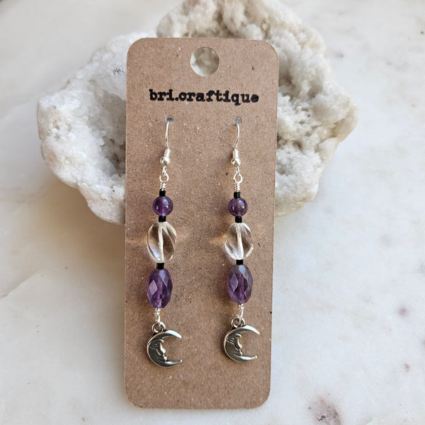 Amethyst and Clear Crystal Crescent Moon Dangle Earrings