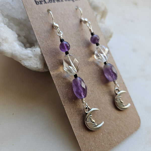 Amethyst and Clear Crystal Crescent Moon Dangle Earrings