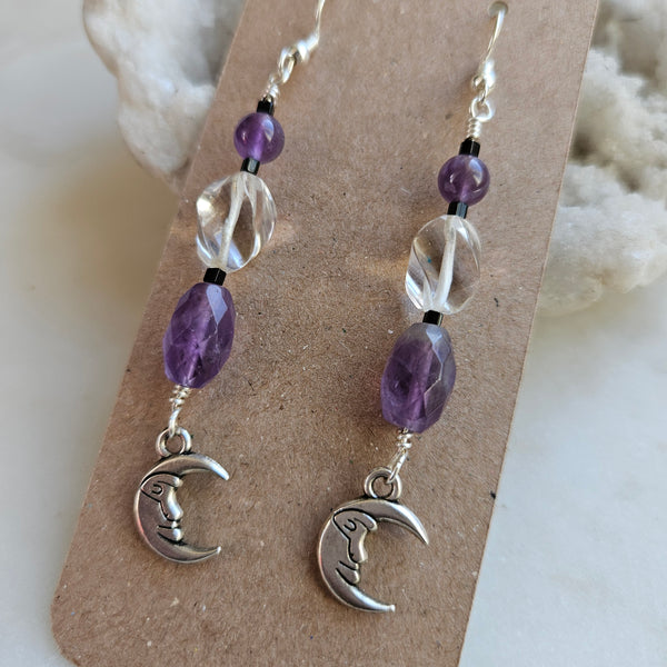 Amethyst and Clear Crystal Crescent Moon Dangle Earrings