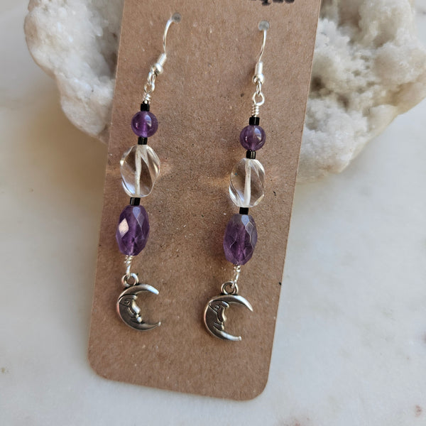 Amethyst and Clear Crystal Crescent Moon Dangle Earrings