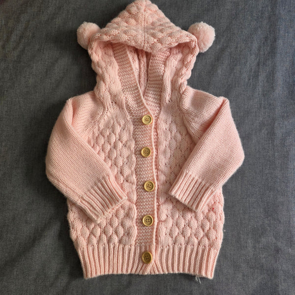 Girl's Pink Knit Sweater with Pom Pom Hood | Handmade (3-4T)