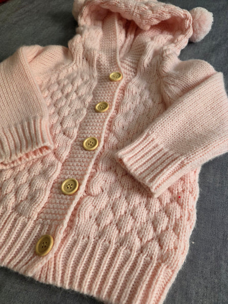 Girl's Pink Knit Sweater with Pom Pom Hood | Handmade (3-4T)
