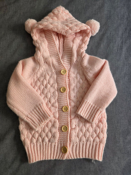 Girl's Pink Knit Sweater with Pom Pom Hood | Handmade (3-4T)
