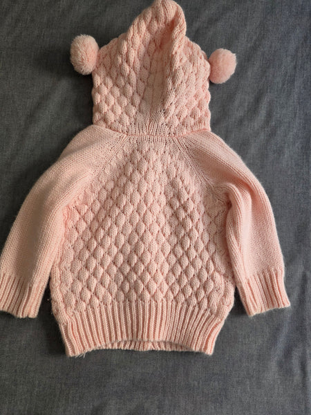 Girl's Pink Knit Sweater with Pom Pom Hood | Handmade (3-4T)