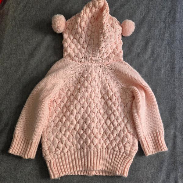Girl's Pink Knit Sweater with Pom Pom Hood | Handmade (3-4T)
