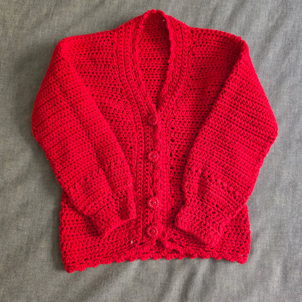 Girl's Red Crochet Sweater with buttons | Handmade (3-4T)