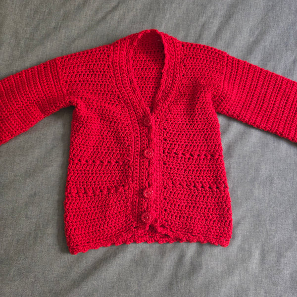 Girl's Red Crochet Sweater with buttons | Handmade (3-4T)