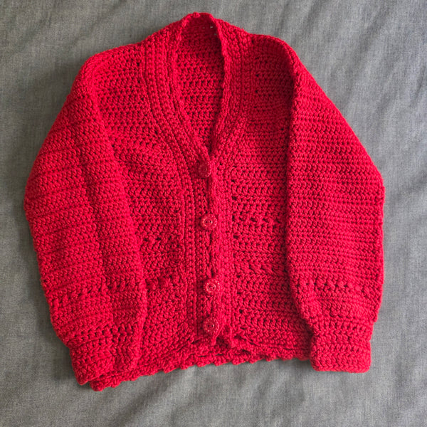 Girl's Red Crochet Sweater with buttons | Handmade (3-4T)