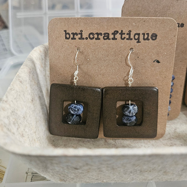 Urban Square Wood and Sodalite Earrings