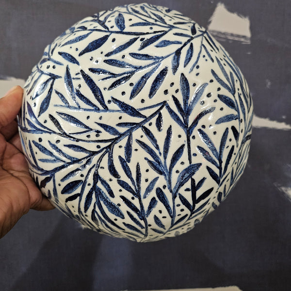 Handmade Botanical Blue and White Ceramic Bowl