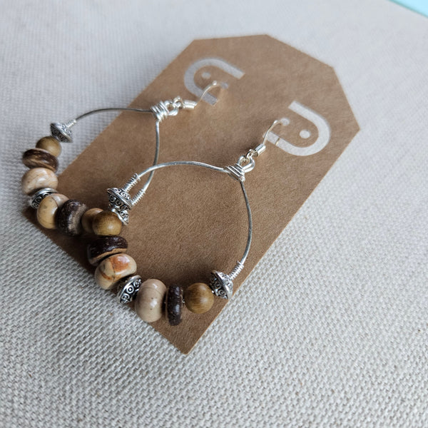 Brown Agate and Coconut Beaded Hoops