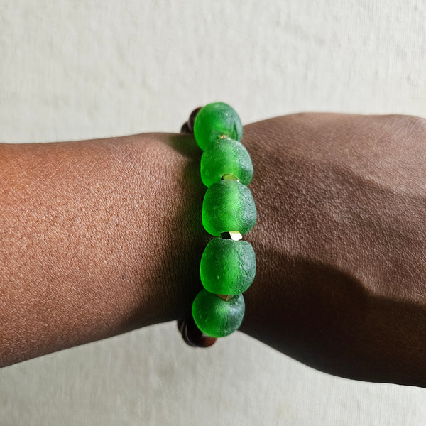 Recycled Green Glass + Wood Bracelet