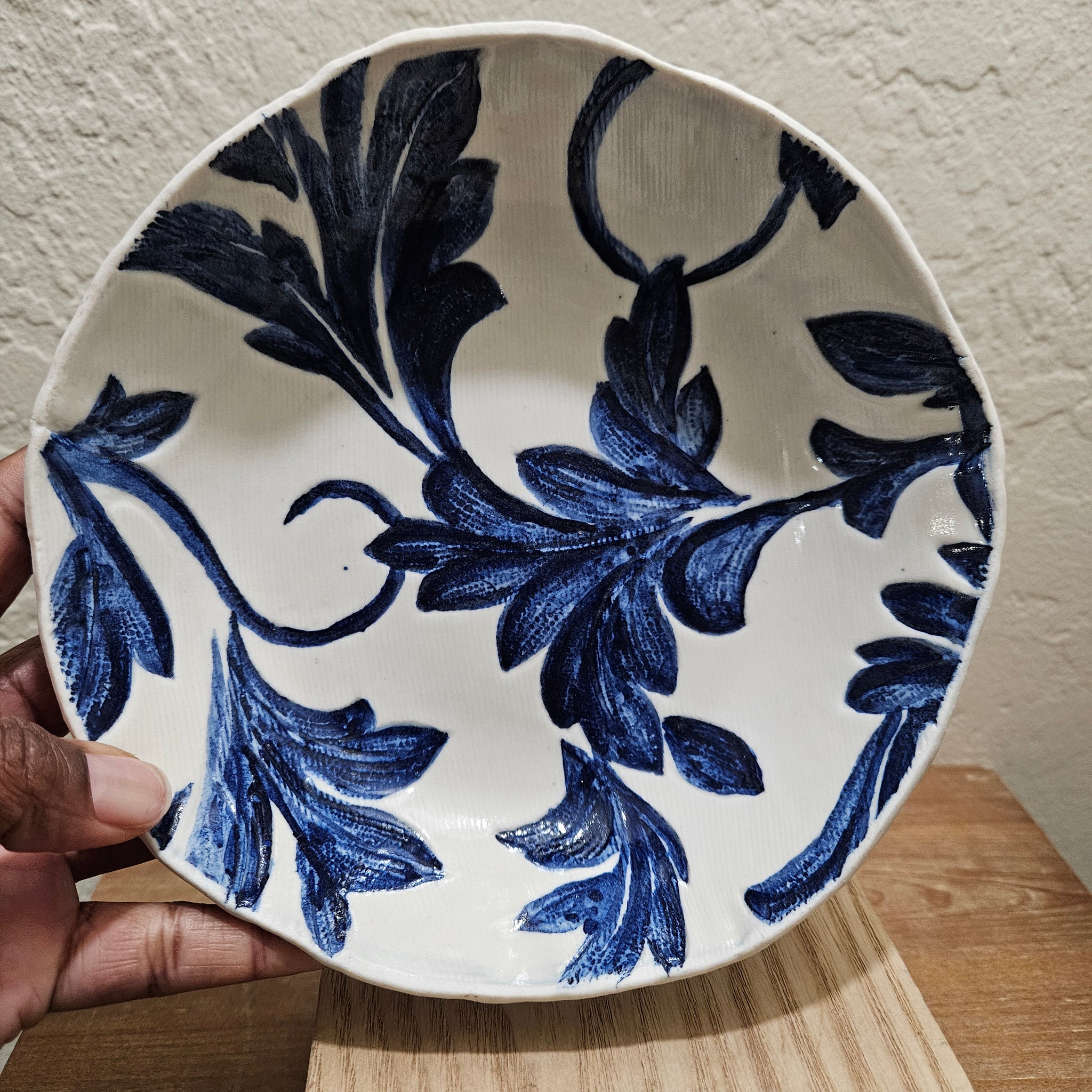 Handmade Botanical Blue and White Ceramic Bowl