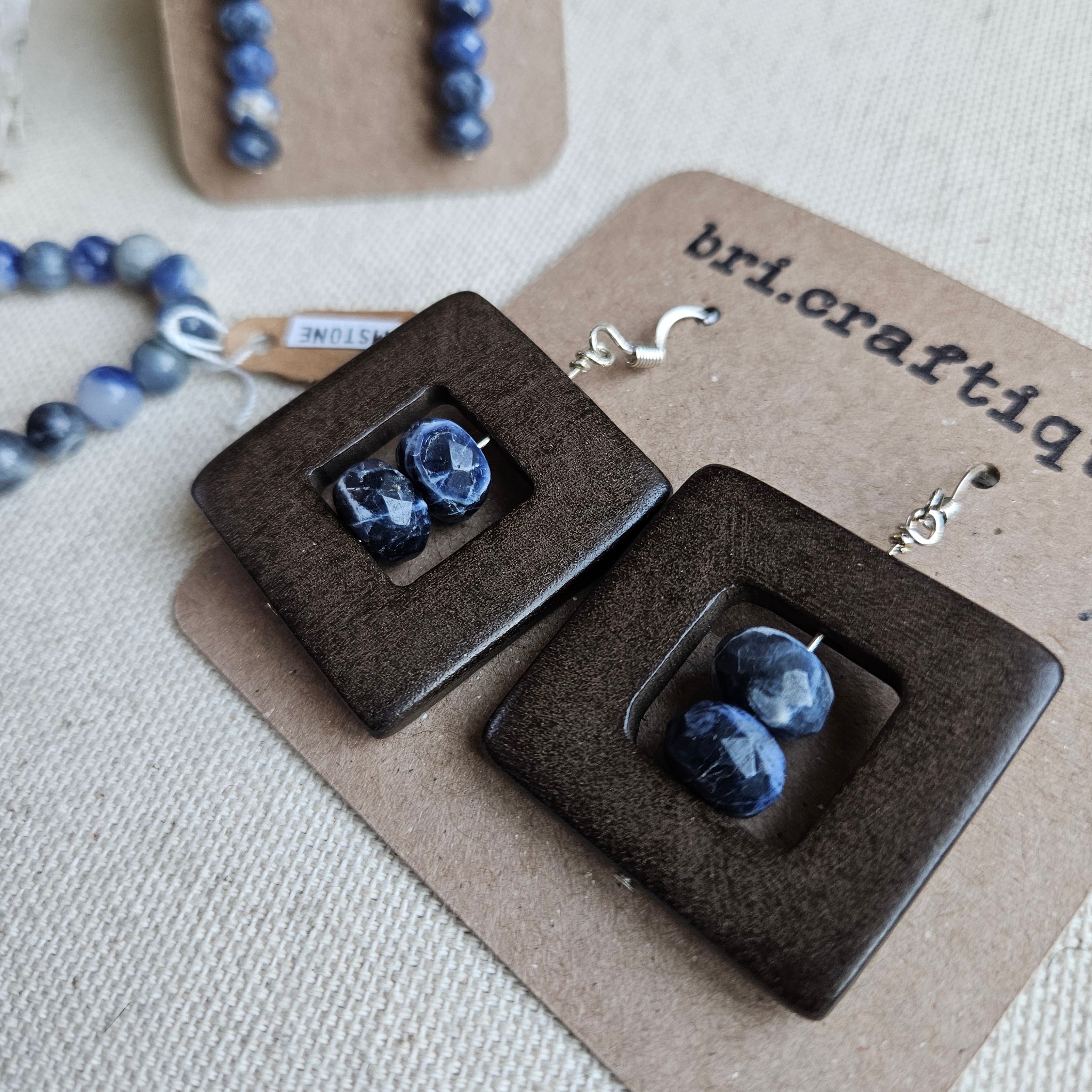 Urban Square Wood and Sodalite Earrings