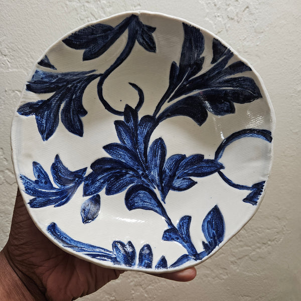 Handmade Botanical Blue and White Ceramic Bowl