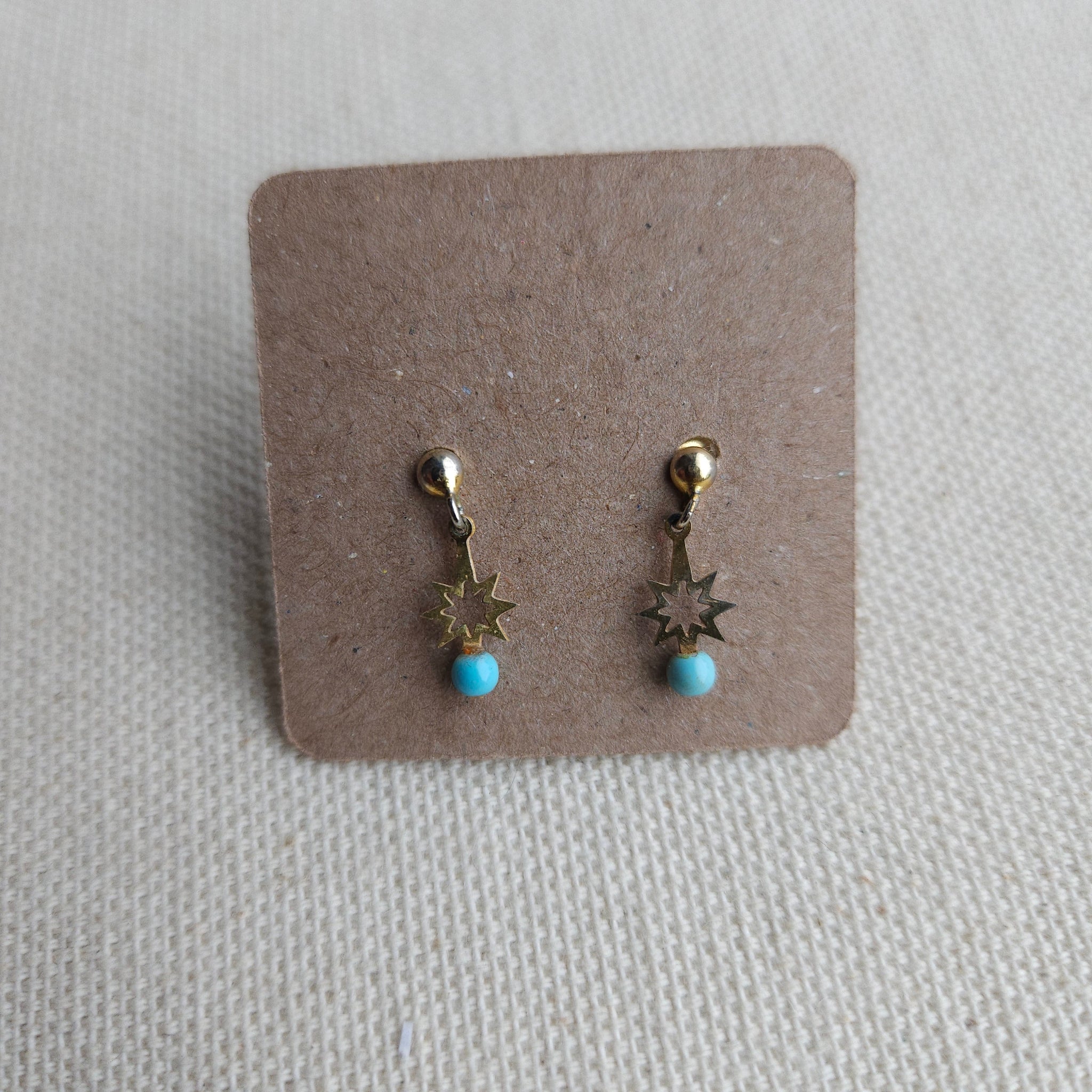 Vintage Gold Star and Blue bead Dainty Dangle Earrings