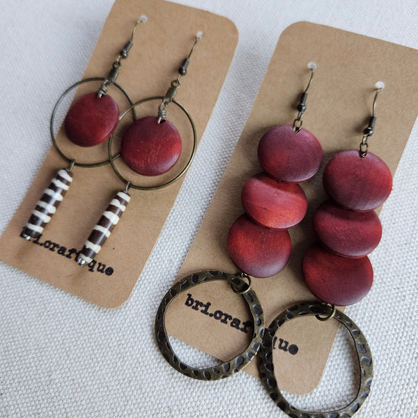 Burgundy Wood Tiered Dangle Earrings