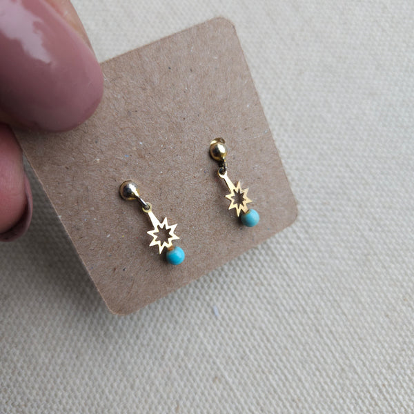 Vintage Gold Star and Blue bead Dainty Dangle Earrings