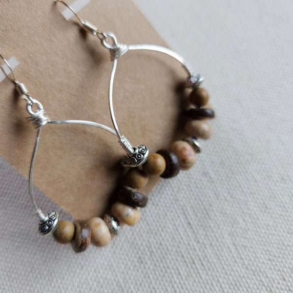 Brown Agate and Coconut Beaded Hoops