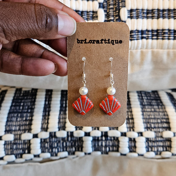 Pearl and Red Fan Drop Earrings