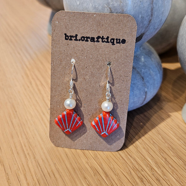 Pearl and Red Fan Drop Earrings