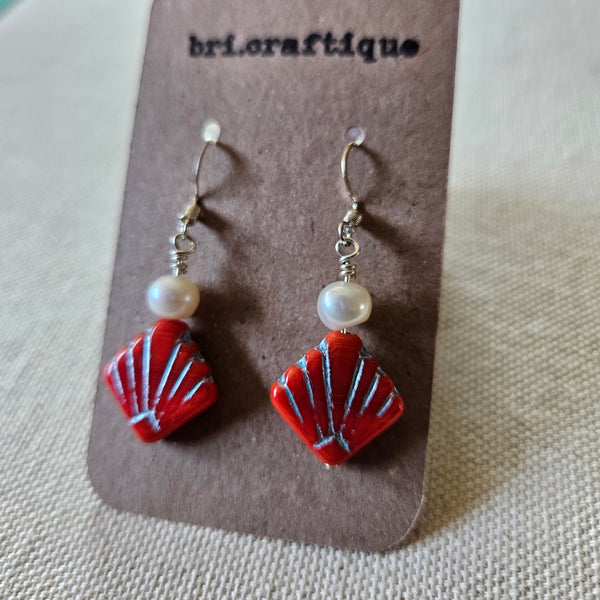 Pearl and Red Fan Drop Earrings