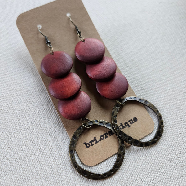 Burgundy Wood Tiered Dangle Earrings