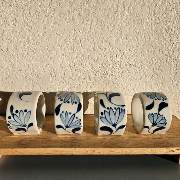 Ceramic Blue & White Napkin Rings - Set of 4