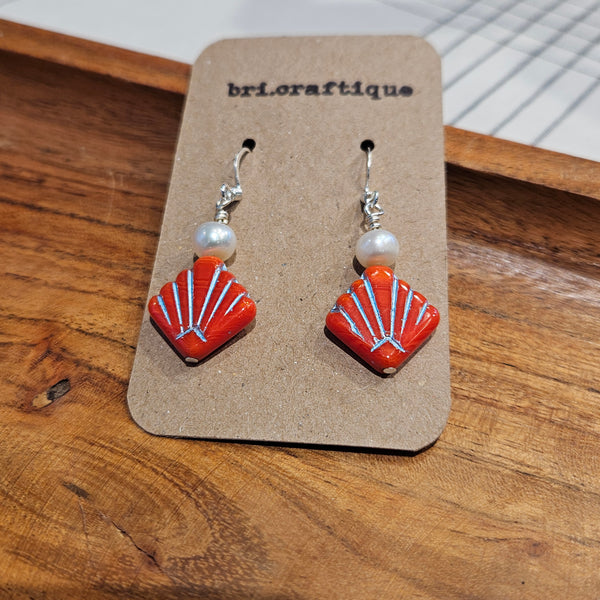 Pearl and Red Fan Drop Earrings