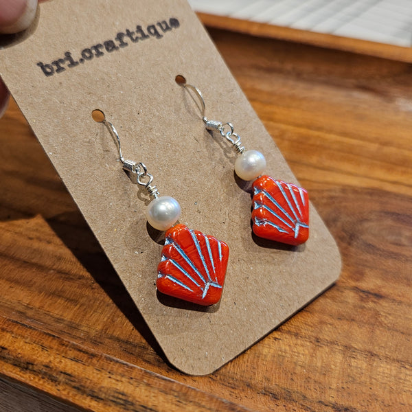 Pearl and Red Fan Drop Earrings