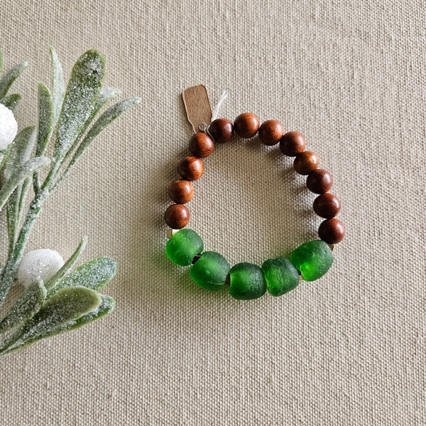 Recycled Green Glass + Wood Bracelet