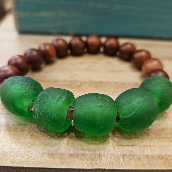 Recycled Green Glass + Wood Bracelet
