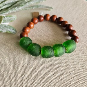 Recycled Green Glass + Wood Bracelet