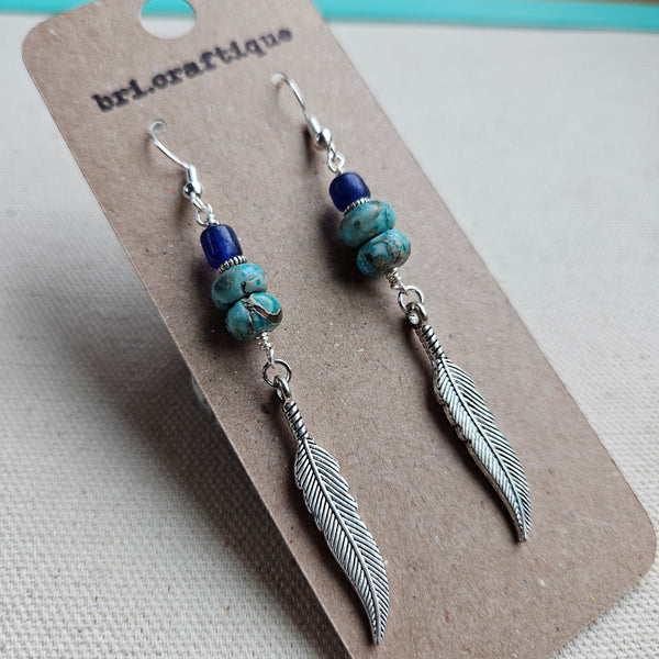 Blue Bead and Feather Dangle Earrings