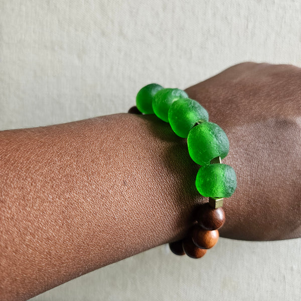 Recycled Green Glass + Wood Bracelet