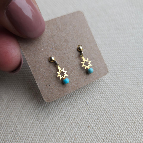 Vintage Gold Star and Blue bead Dainty Dangle Earrings