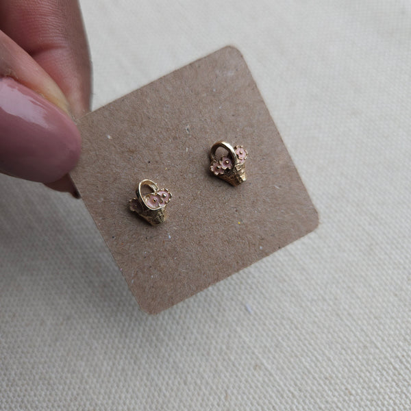 Vintage Avon Gold + Pink Enamel Flower Basket Stud Earrings