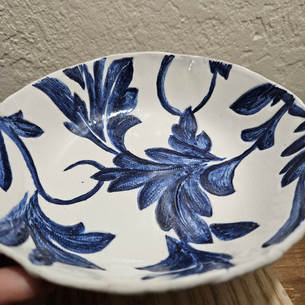 Handmade Botanical Blue and White Ceramic Bowl